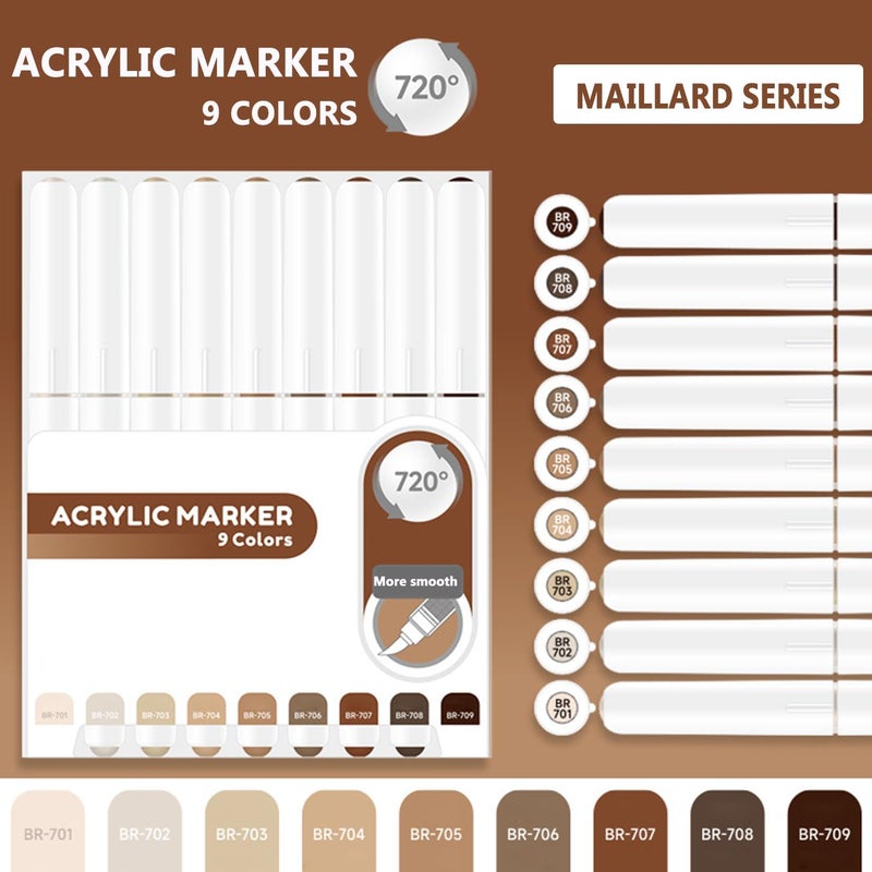 Yolaka Water Based Brown Acrylic Paint Markers, 9 Colors Acrylic Paint Pens Set with Soft Brush Tip, Marker Pen for Rock Painting, Egg, Wood, Glass, Paper, Mugs, Acrylic Painter Ink (Maillard Series) - Image 2